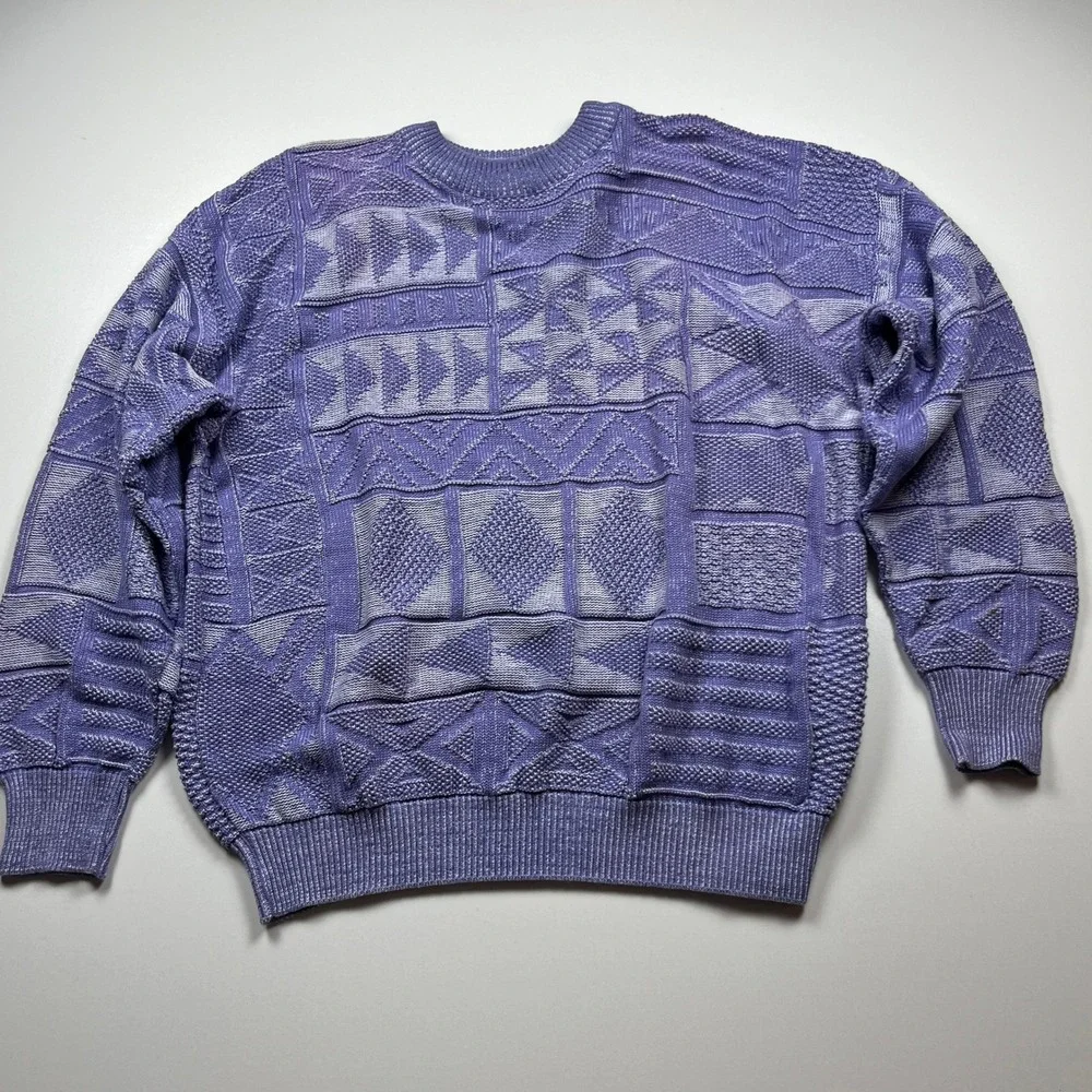 Vtg Claiborne Geometric Textured Knit Cotton Sweater Mens L Purple USA Grampcore